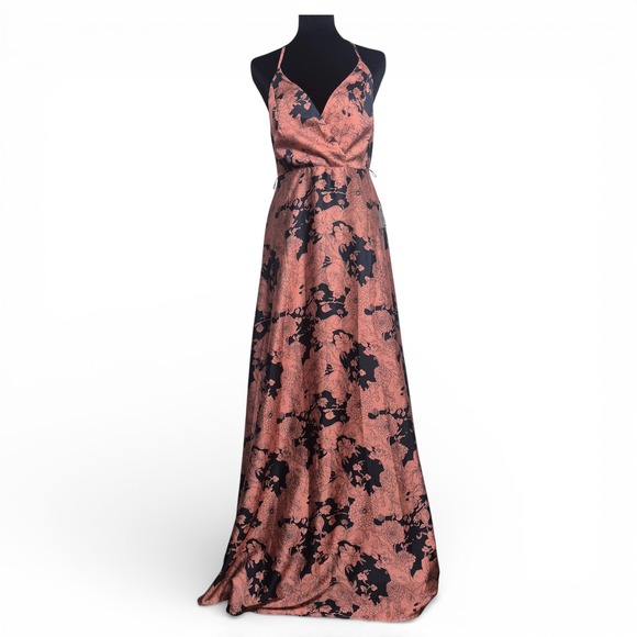 Lulus Size M Floral Brocade Halter Maxi Dress Rose Gold Black VNeck Evening Gown - Picture 2 of 10